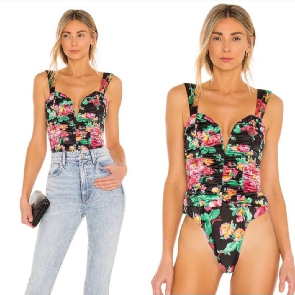 NWT For Love & Lemons Jolie Black Floral Ruched Satin V-Neck Bodysuit Large
